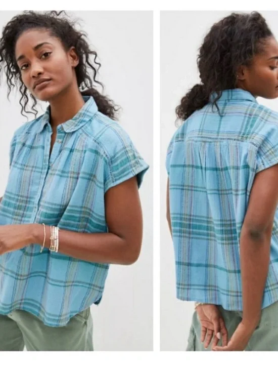 Anthropologie Pilcro The Serena Surf Henley Blouse Blue Plaid Cap Sleeve - Picture 2 of 8